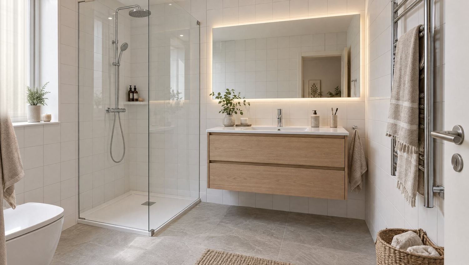 Baño con acabados en piedra clara