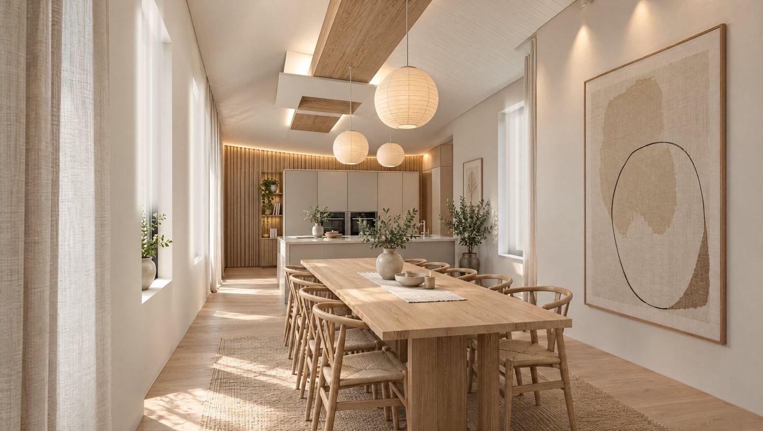 Comedor del ático de Fuero 7 con mesa de roble y lámparas de papel