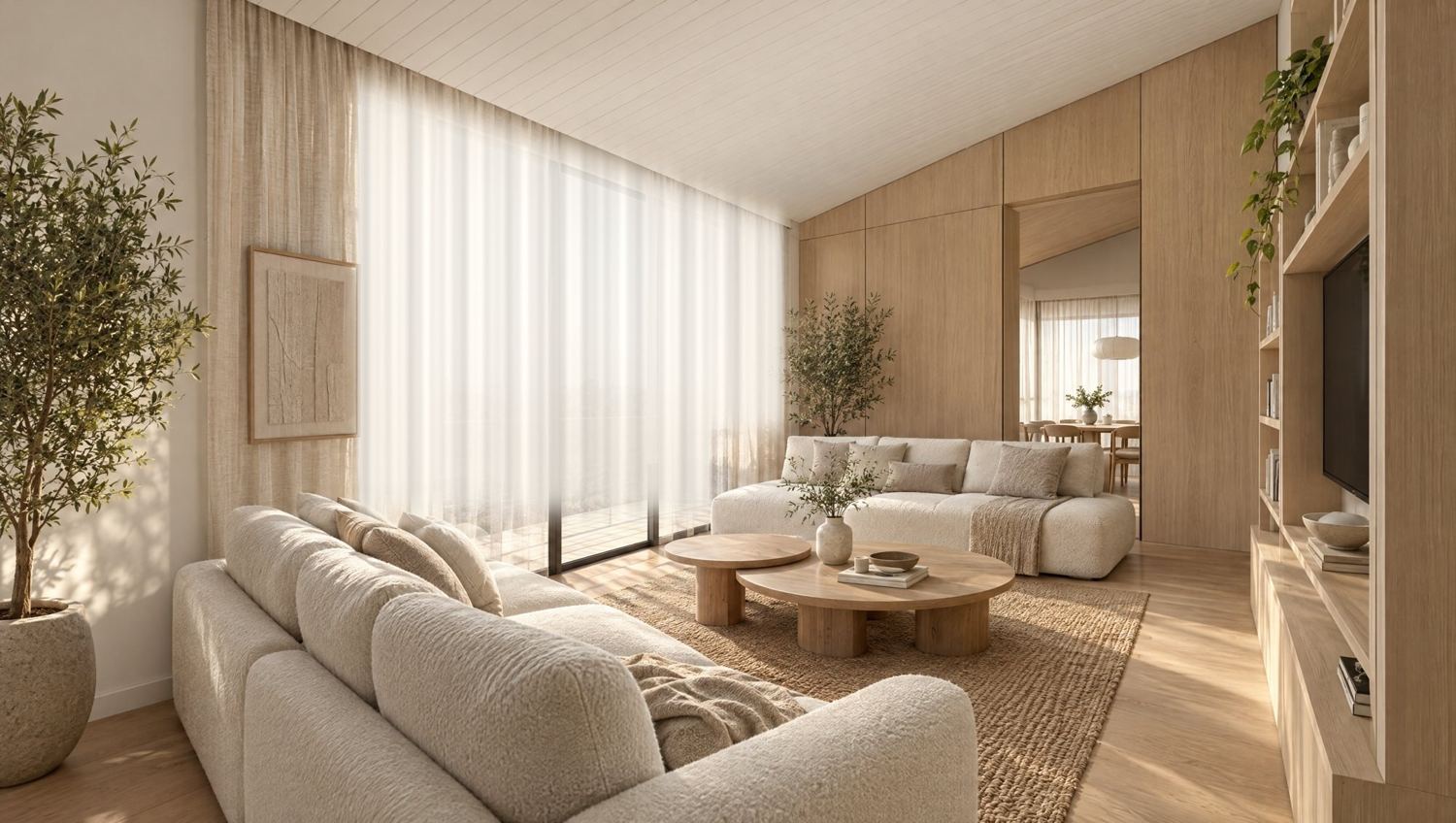 Zona de estar del ático con sofá claro y estanterías de madera