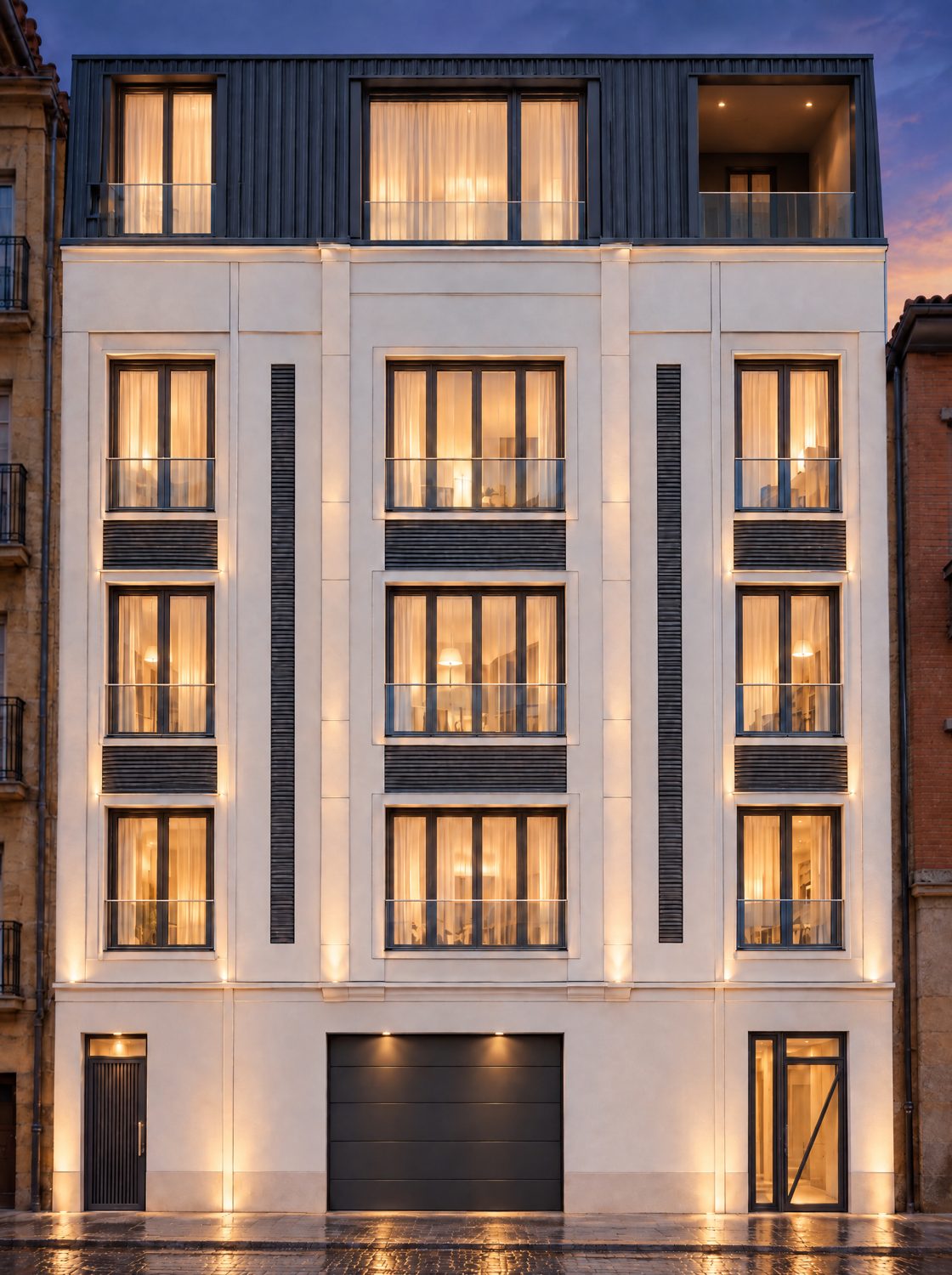 Edificio Fuero 7 iluminado al anochecer en el centro histórico de León